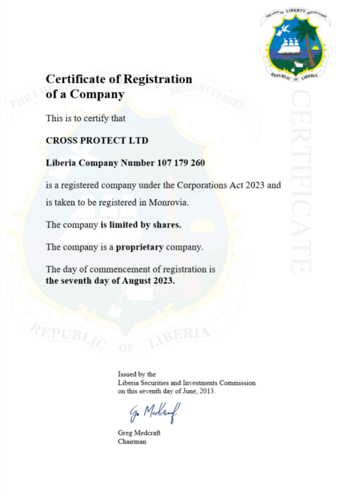 Liberia business registration certificate Word and PDF template